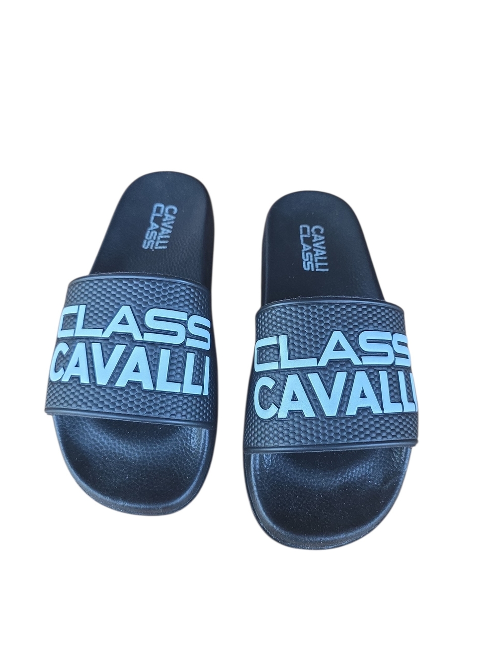 Roberto Cavalli Black Slide Sandals with Light Blue Logo
